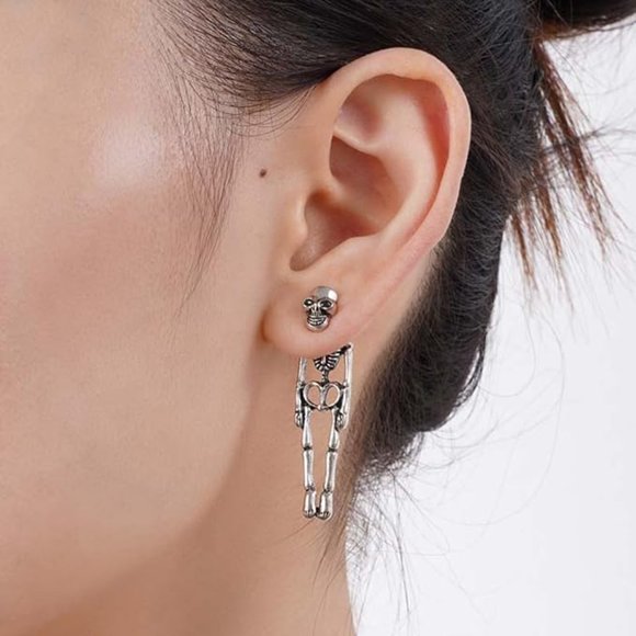 Silver Dangling Skeleton Earrings Skulls Bones Gothic Skeletons Goth Skull Studs - Picture 3 of 12